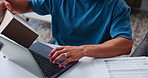 Businessman, hands and typing with laptop, box or documents for home logistics, invoice or schedule delivery. Closeup, man or employee with parcel or package on computer for online courier service