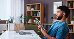 Laptop, tablet and man check logistics email, order update and typing shipping schedule in home. Ecommerce, distribution and technology for online sales, stock procurement and freelancer with export
