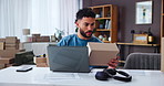 Businessman, home logistics and laptop with box for ecommerce or small business distribution. Man, employee or distributor with parcel or package on computer for delivery, invoice or courier service