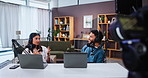 Happy people, talk show and broadcast with video for live recording, podcast or online stream at home. Man, woman or influencers with technology for social media channel, radio entertainment or audio