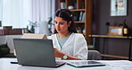 Box, laptop and small business with Indian woman in home office for freelance delivery or distribution. Computer, logistics, shipping with supply chain entrepreneur in apartment for remote work