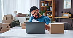 Man, talk and phone call for document of logistics management, planning and distribution. Person, box and laptop for communication with paperwork, stock quote and delivery invoice for courier startup