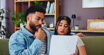 Home, couple and paperwork for budget, savings and financial planning together with taxes. Man, woman and document in living room for mortgage discussion, bill invoice or thinking of insurance policy