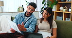 Home, documents and couple with laptop for financial solution, savings and planning budget together. Man, woman and paperwork for mortgage discussion on computer, bill invoice or asset management