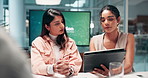 Business people, tablet and women in office, meeting and planning for projec. Employees, coworking and consultants in workplace, cooperation and support with teamwork, research and collaboration