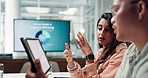 Teamwork, advice and table with business people in meeting for statistics, planning and company report. Speaker, project management and discussion with employees for feedback, research and review 
