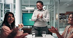 Business people, applause and team in office, celebration and success with victory. Group, clapping and employees in workplace, cheering and excited with happiness, winning and funding approval