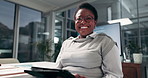 Black woman, face and happy with tablet in office, night or  review for project management at startup. African person, smile and portrait with digital touchscreen, app or overtime at company in Kenya