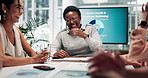 Happy, business people or laughing with team in meeting for funny joke, humor or comedy at office. Group, screen and cheerful employees with smile for fun project, social or conversation at workplace