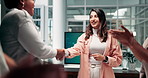 Woman, team and handshake at meeting, startup or success with congratulations at staff workshop. Person, presentation and applause for b2b collaboration with support, group and thanks at company