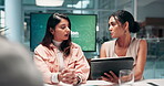Teamwork, planning and tablet with business people in meeting for advice, workshop and company report. Speaker, project management and innovation with employees for feedback, research and review