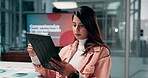 Woman, tablet and typing at night, startup and review for employee wellness with app at office. Person, notes and scroll with digital touchscreen, feedback and overtime with charts for staff health