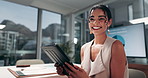 Happy, face or business woman with tablet at office for corporate performance, review or statistics. Portrait, female person or analyst with smile on technology for company growth or app at workplace