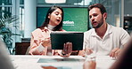 Advice, planning and tablet with business people in meeting for teamwork, workshop and company report. Speaker, project management and innovation with employees for feedback, research and review