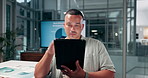 Office, businessman or research with tablet for startup, finance information or company performance. Career, male person or financial analyst with digital for risk management, review report or charts