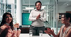 Applause, success and speaker with business woman in office for innovation program, workshop and support. Winner, insurance approval and celebration with people in agency for project and good news 