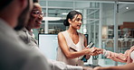 Woman, group and handshake at meeting, startup and success at mental health workshop for staff. Person, presentation and shaking hands for employee wellness with support, team and thanks at company 