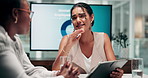 Business people, women and discussion with tablet in office, finance report and company performance. Teamwork, employee and financial advisor with digital for investment meeting, research or feedback