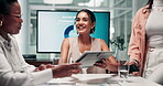 Meeting, business people and women with tablet in office, finance report and company performance. Teamwork, employees and financial advisor with digital for investment project, research and feedback