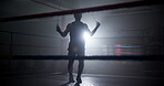 Active, man and jumping with rope at gym for wrestling match, workout and fitness competition of power. Person, skip and cardio exercise with battle performance, training energy and challenge goals