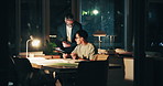 Night, tablet and businessmen in office with documents for global investment clients with profit margin. Digital technology, deadline and manager with finance planner for feedback on revenue growth.
