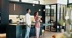 Home, real estate agent and woman with tablet, man and consultation for tour of apartment or talking. House, customer and property manager with tech for rental, people and discussion for budget