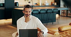 Laptop, thinking or man in home for remote work, problem solving or planning project on internet. Computer, reading or happy freelancer with idea, solution or insight for affiliate marketing campaign