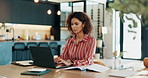 Laptop, typing and woman in home office for remote work, accounting and bookkeeping. Computer, financial report and freelance auditor reading email for profit, budget review and revenue information