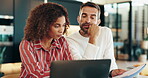 Finance, laptop and planning with couple in kitchen for loan payment, bills invoice or banking documents. Mortgage, paperwork and insurance review with man and woman at home for budget and discussion