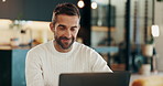 Laptop, smile and man in home for remote work, ads or planning project for promotion. Computer, reading email or freelancer online for insight or affiliate marketing campaign on social media platform