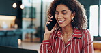 Laptop, phone call and woman in home with online report, schedule negotiation or communication. Smartphone, remote work and consultant with business website for discussion or freelance project