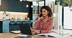 Laptop, phone call and woman with laptop, online report and schedule negotiation or communication. Smartphone, remote work or home consultant with business website for discussion or freelance project