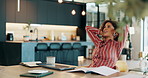 Finance, laptop and done with woman in kitchen for tax, loan application and documents. Planning, relax and paperwork with person at home for savings budget, payment approval and credit score