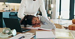 Sleeping, child and tired in home, laptop and waking daughter for homework, education or living room. Exhausted, elearning and knowledge for girl with tech, rest or studying for scholarship in lounge
