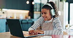 Laptop, headphones and girl with video call, elearning lesson and education for knowledge. Home school, technology and child student for streaming, virtual class and remote assignment in house