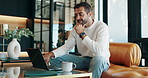 Laptop, idea and man in home for remote work, problem solving and typing email online on sofa. Computer, reading and happy freelancer thinking of solution or insight for affiliate marketing campaign