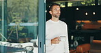 Coffee, thinking and morning with man at home for reflection, memory and caffeine. Vision, calm and relax with person and drinking at sliding door of house for inspiration, espresso and idea