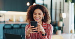 Phone, happy and woman in kitchen in home reading online celebrity gossip blog with comedy. Laughing, cellphone and female person browsing on social media for funny, joke or comic post in house.