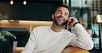 Talking, smile and phone call with man on sofa for communication, discussion and chat. Networking, conversation and connection with person and mobile in living room at home for speaking and contact
