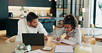 Student, laptop and father help with education, elearning and growth for future knowledge. Computer, child and dad  with advice, homework and virtual assessment or online school for development