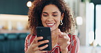Phone, smile and woman in kitchen in home reading online celebrity gossip blog with comedy. Laughing, cellphone and female person browsing on social media for funny, joke or comic post in house.