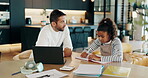 Student, laptop and dad help with education, elearning and growth for future knowledge. Computer, child and father with advice, homework and virtual assessment or online school for development