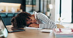 Laptop, sleepy girl and tired with homework, elearning lesson and education for knowledge. Home school, technology and child student nap for streaming, virtual class and remote assignment in house
