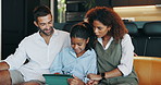 Tablet, relax and family on sofa in living room watching movie, video or show together for bonding. Happy, connection and girl with parents for streaming film on app with digital technology in home.