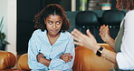 Discipline, sofa and fight with mother and daughter for conversation, anger and conflict. Speaking, mistake and advice with woman and child in living room of family home for lesson and attention