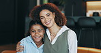 Face, happy mother and child in home for love, care and embrace together for adoption. Portrait, girl and daughter with mom for family support, connection and bonding with parent for relationship