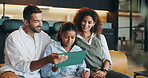 Relax, sofa and parents with child on tablet for streaming videos, watching movies and cartoons. Happy, family and digital tech with mom, dad and girl for online learning, games and bonding in home