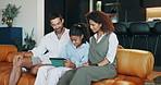 Tablet, relax and family on sofa in home watching movie, video or show together for bonding. Happy, connection and girl with parents for streaming film on app with digital technology in living room.