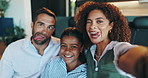 Funny face, happy family and selfie with parents in home for love, wave and goofy together. Portrait, mother and father with playful child for silly photography, pov or social media with tongue out