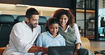 Laptop, happy family and child with parents in home for learning, education or laugh at comedy movie. Computer, interracial mother and father with girl for streaming service, relax or bonding online